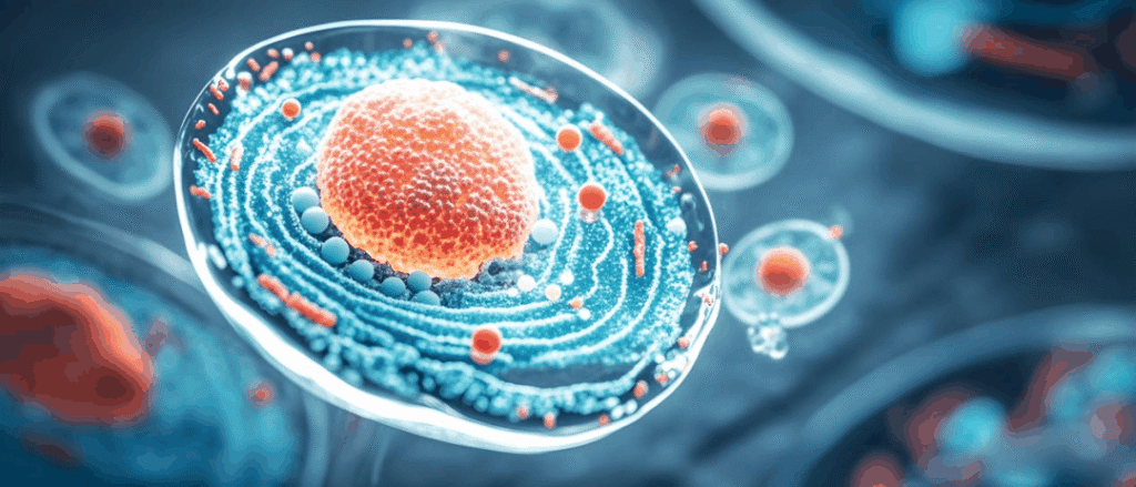 DNA and cell illustration representing PDRN skin renewal in skincare