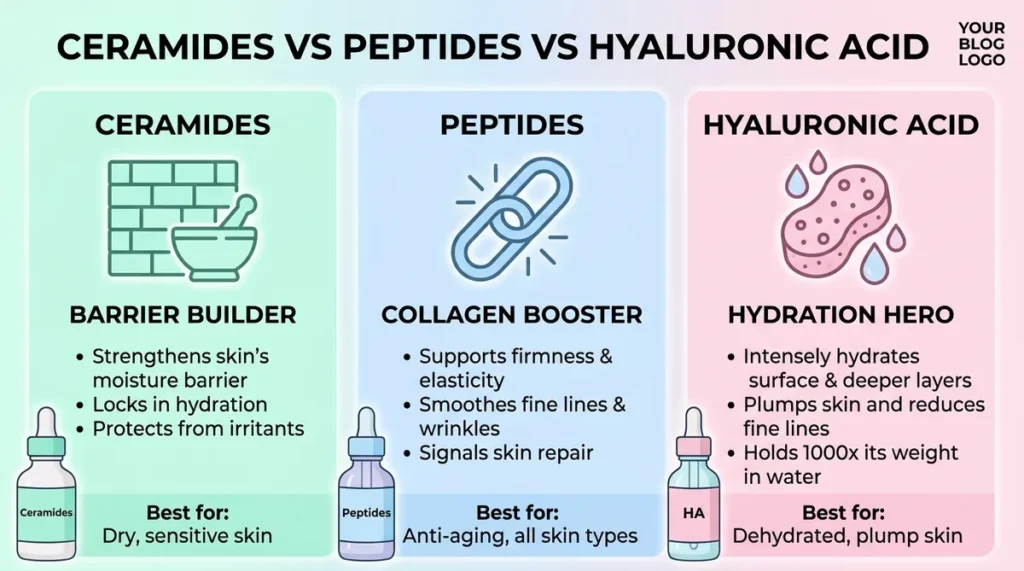 Ceramides vs peptides vs hyaluronic acid - what each skincare active does for the skin barrier, firmness, and hydration
