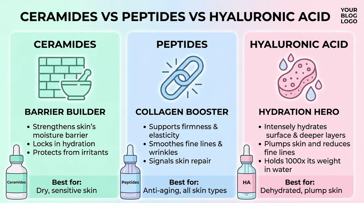 Ceramides vs peptides vs hyaluronic acid - what each skincare active does for the skin barrier, firmness, and hydration