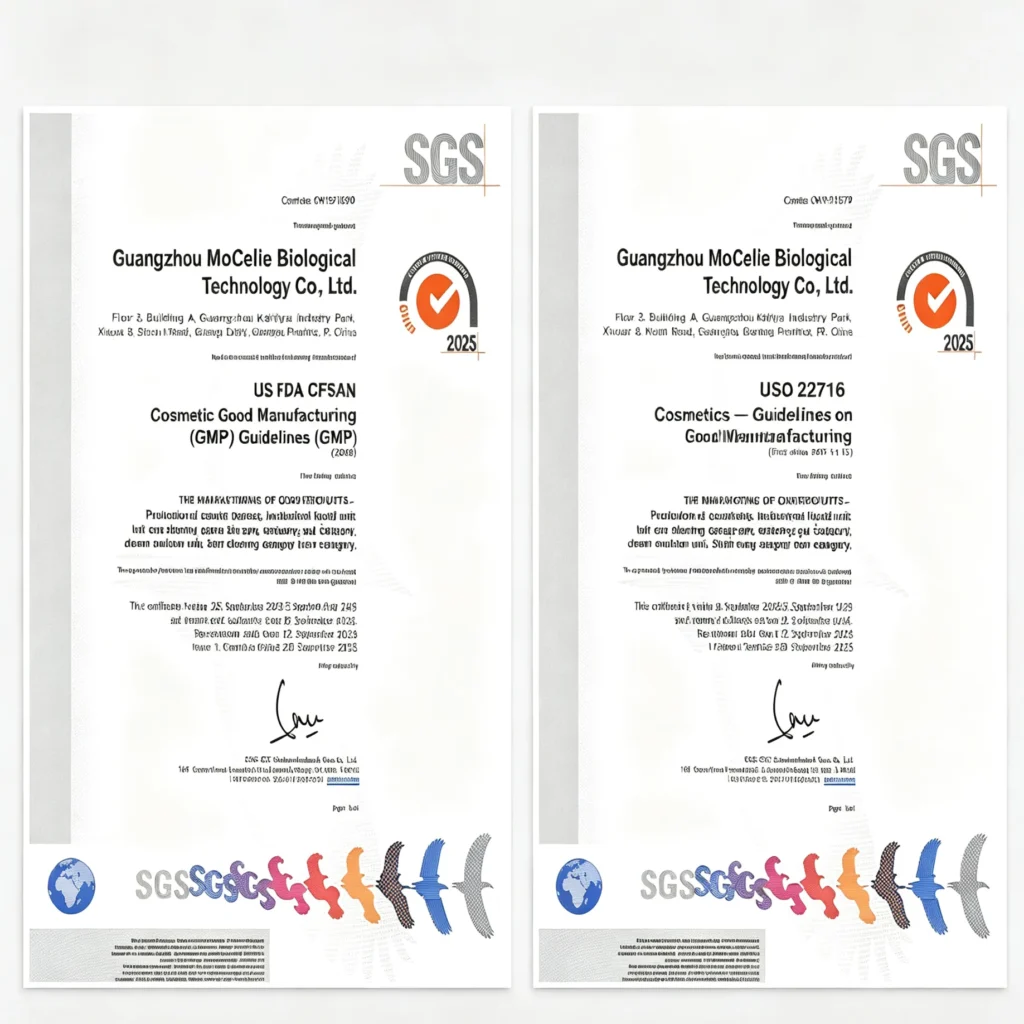 MoCelie ISO 22716 and GMPC certification certificates issued by SGS
