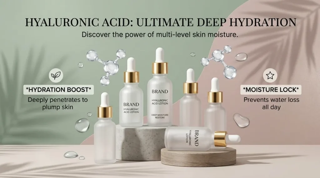 Hyaluronic acid private label lotions and serums with multi-molecular hyaluronic acid - deep hydration and moisture lock - OEM skincare manufacturer MoCelie