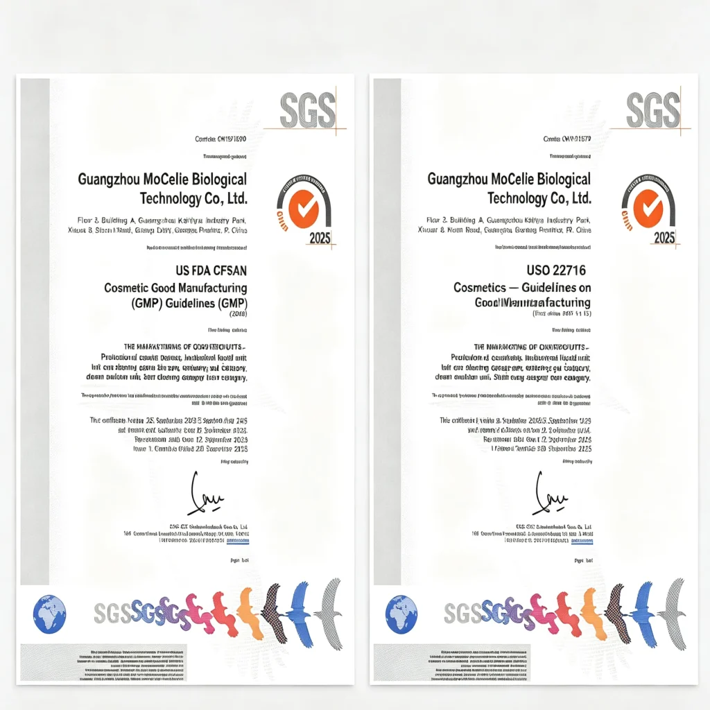 mocelie-gmpc-iso22716-certification MoCelie ISO 22716 and GMPC certification certificates issued by SGS